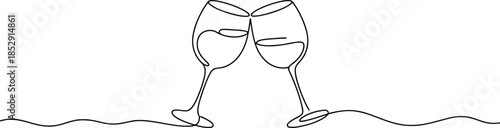 A elegant single continuous line drawing shows two wine glasses toasting joyfully celebrating a special occasion