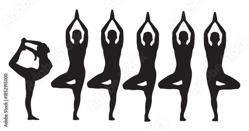 Silhouette illustrations of people performing yoga tree pose and dancer pose for meditation and balance concept