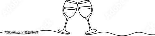 A graceful continuous line drawing features two champagne flutes clinking together in a festive toast