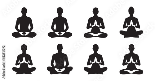 Collection of meditation silhouettes with hands in prayer pose and mudras for spiritual practice.