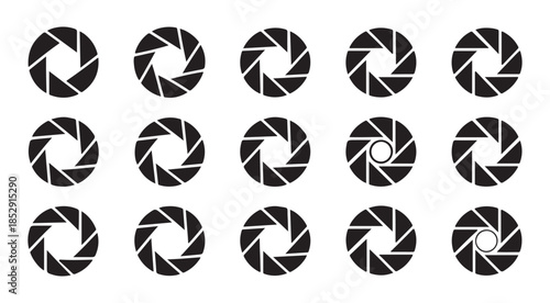 Camera shutter icons set with different aperture styles focusing on photography element