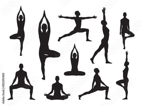 Variety of male yoga positions silhouettes for fitness and wellness on white background vector art