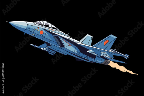 Blue japanese fighter jet aircraft with missiles flying in the dark sky with a solid black background