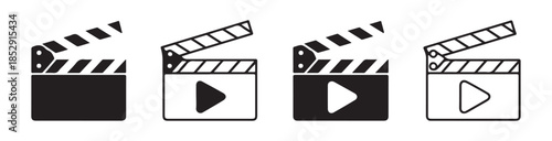 Video recorder icon set with play button symbol and clapper board for creative media