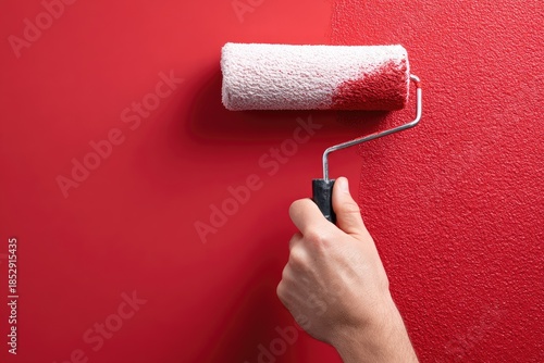 A close-up shot of a hand using a paint roller on a red wall, covering fresh paint