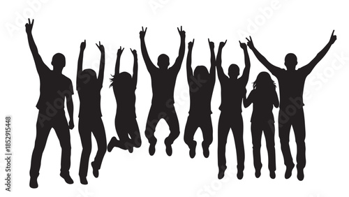 Black Silhouettes of Seven Enthusiastic People Jumping on a White Background, Symbolizing Success and Happiness