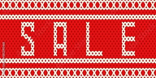 Sale vector banner. Folk Knitted Sweater texture background with Sale Knitting text. Perfect Folk ethnic texture business banner placard template design. EPS 10