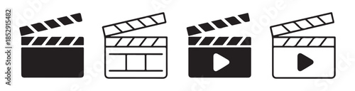 Clapperboard set film production sign vector icon. Video clapperboard play button symbol illustration