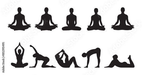 Collection of male yoga and meditation poses silhouettes on white background vector illustration