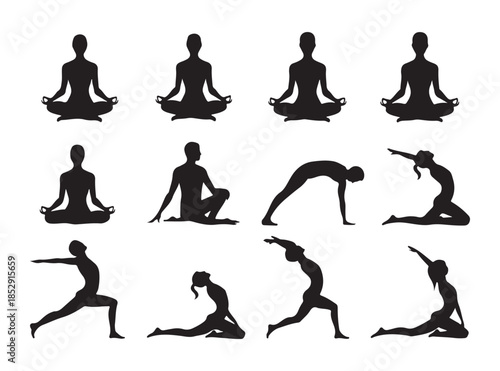 Group of stylized human silhouettes performing different yoga postures on plain white background for health