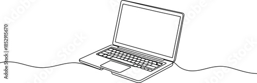 A modern laptop computer is drawn with a single continuous thin black line on a white background