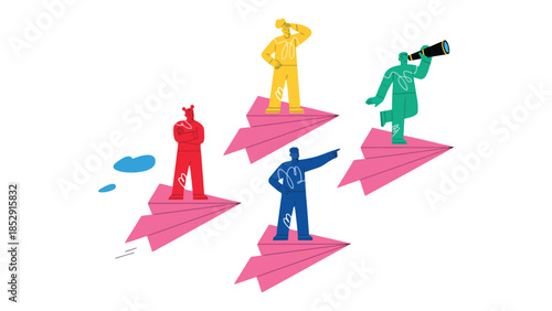 Diverse team members on paper airplanes look towards the future.