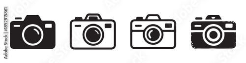 Set of four camera icons with clean and textured styles isolated on white background