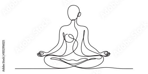 Person meditating single line drawing on white background yoga zen calm mindful spiritual symbol