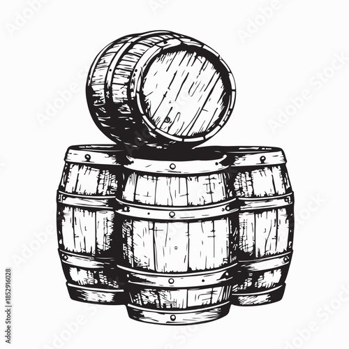 Stack Of Beer Barrel Hand Drawn Vintage Engraving Style Black And White Vector