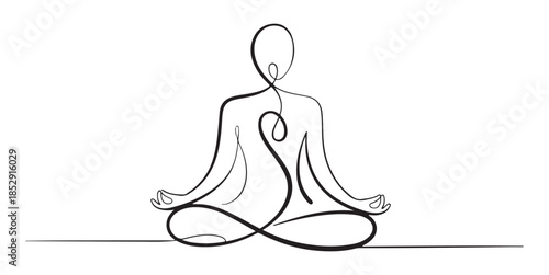 Meditating person continuous line art on white background yoga zen calm mindful spiritual symbol