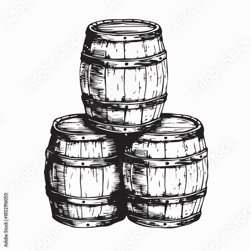 Stack Of Beer Barrel Hand Drawn Vintage Engraving Style Black And White Vector