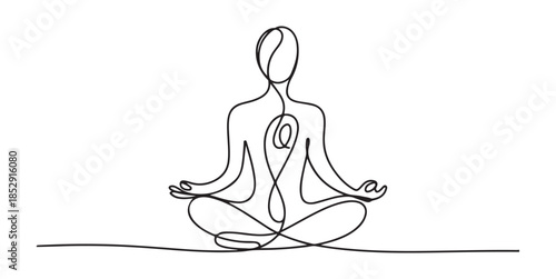 Single line drawing of person meditating in lotus pose with abstract heart shape inside body