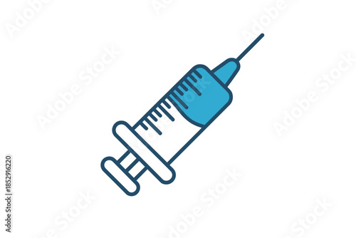 A medical syringe with blue liquid is shown against a white background.
