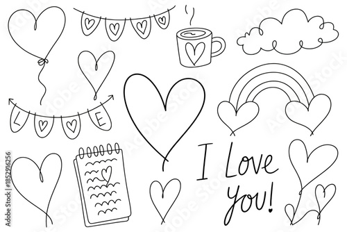A charming collection of hand-drawn hearts, celebratory bunting, and a coffee cup.