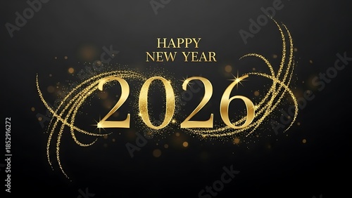 Happy New Year 2026 gold text with sparkles on black background