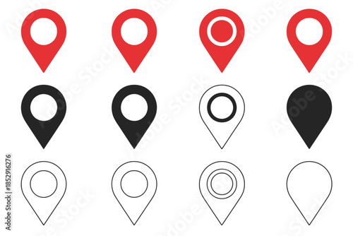 A collection of different map marker icons in red, black, and outline styles.