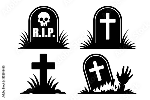 Collection of gravestones with R.I.P. and skull imagery represents death and remembrance.