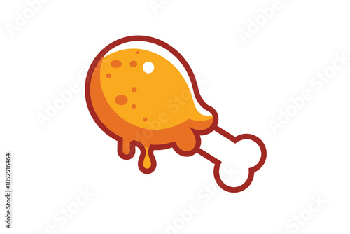 A stylized illustration of a crispy fried chicken drumstick with dripping sauce.
