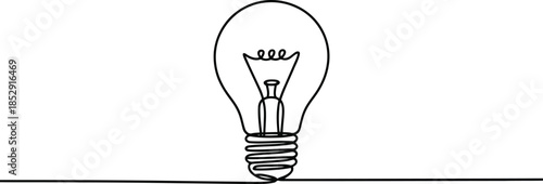 A single continuous line drawing illustrates a classic lightbulb representing new ideas on white