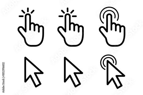 Digital cursors and hand icons represent clicking and selection actions on a screen.