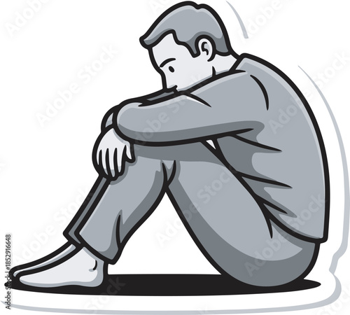 A man sits dejectedly on the ground with his head down.