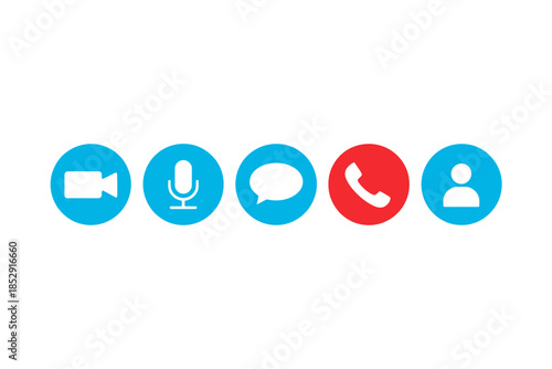 Video call icons including camera, microphone, chat, phone, and user displayed horizontally.