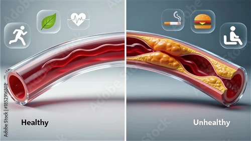 Illustration comparing healthy and unhealthy arteries with cholesterol buildup.