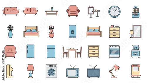 Vector set of office and home furniture icons featuring a modern interior collection of chairs, tables, computers, and lamps for business or house design illustrations