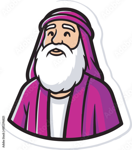 A wise old man with a long white beard and pink headscarf looks up