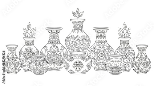 A decorative ceramic vase with flowers features a traditional earthenware pattern and elegant clay pottery design isolated on a brown background