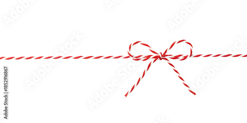Red and white string rope with bow against on white or transparent background
