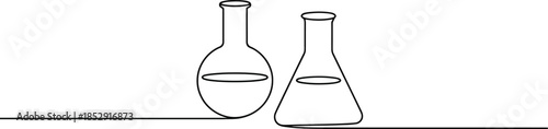 Continuous line drawing features two laboratory flasks used for scientific experiments and chemical research