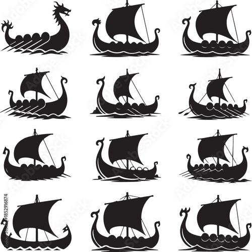 Collection of twelve viking longship silhouette illustrations in various styles