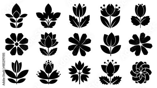 Set of vintage black floral silhouettes and nature elements featuring vector flower and leaf illustrations for seamless pattern art and tattoo decoration