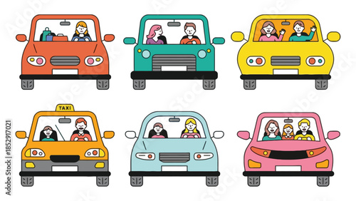 Six colorful cars with people inside are depicted in a flat illustration style.