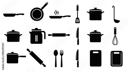 A simple vector icon set of kitchen utensils and cooking tools for food and drink preparation