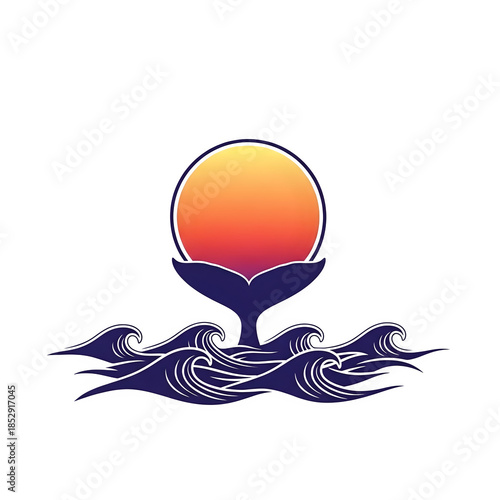 Vibrant Glowing Orb Rising from Abstract Waves | Minimalist Digital Sunset Horizon Illustration | Modern Graphic Design Element