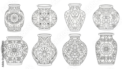 thoughtful explore sunshines mixed with shadow 💡A set of hand drawn antique ceramic vases and pottery jugs featuring traditional patterns and ancient porcelain design isolated on a vintage brown clay