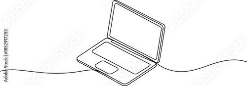 Single continuous line art drawing of an open modern laptop computer with a blank screen