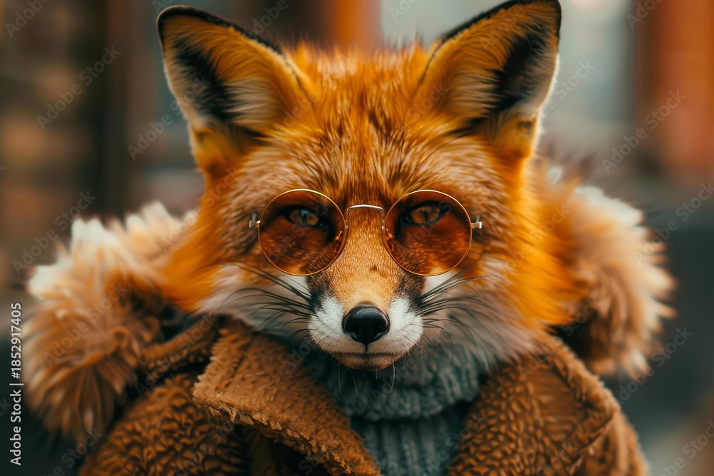 Obraz premium Red fox with round sunglasses and brown coat looking cool and stylish