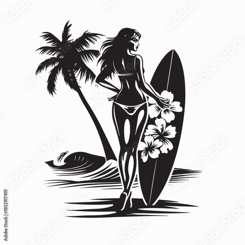 Portrait of surfer woman surfing having fun silhouette vector