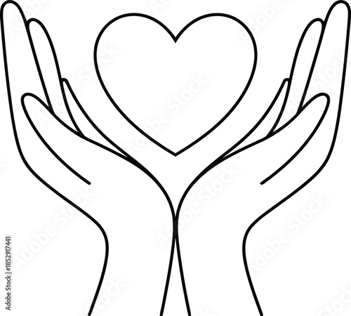 Two open hands gently cradle a large heart shape in a simple and heartwarming continuous line drawing