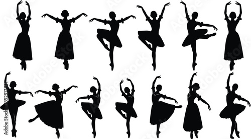 Ballet Dancer Silhouette Collection with Graceful Female Dance Poses, Classical Performance and Artistic Movement Illustration Set