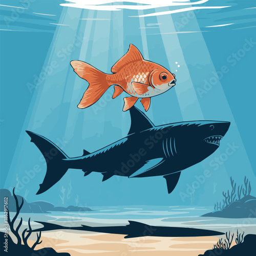 Create Small Fish With Ambitions Of A Big Shark Business Concept, t- shart on others.